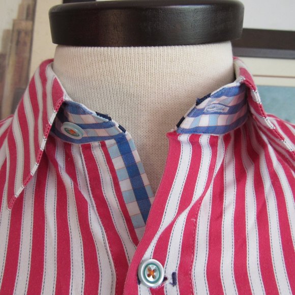 Robert Graham X Red White Stripes Contrasting Cuffs Collar Men's Shirt Sz L Read - Picture 7 of 15